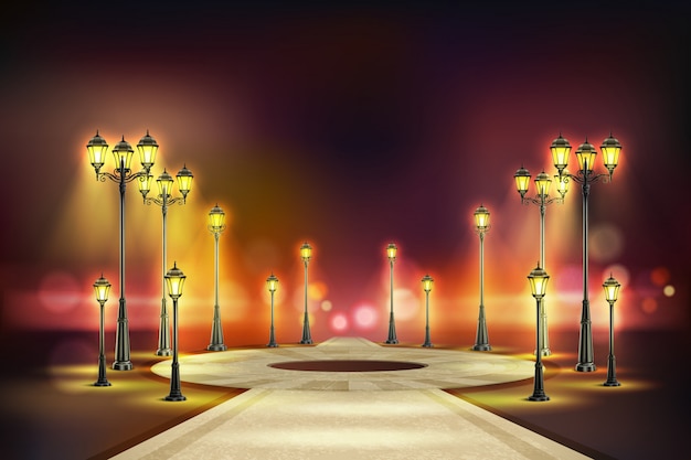 Free vector colored street lights realistic composition quiet night street with yellow retro lights  illustration