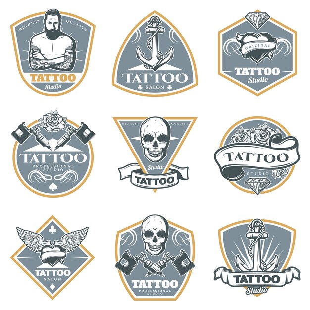 Colored Tattoo Studio Labels Set