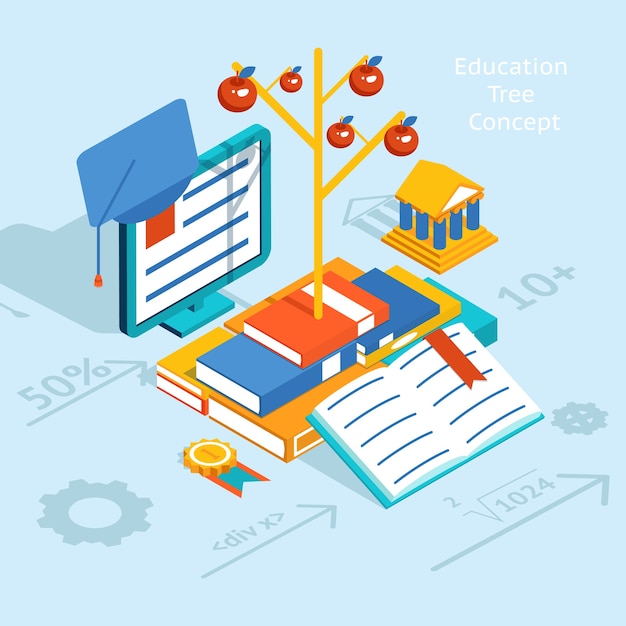 Colored Three Dimensional Education Tree Concept illustration on Light Blue Background.