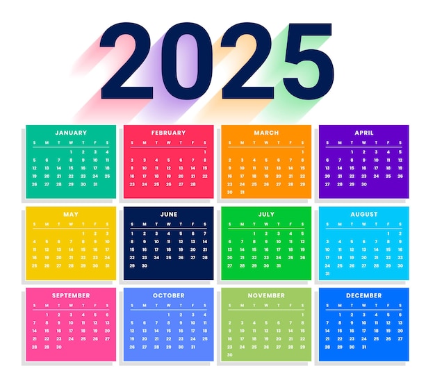 colorful 2025 annual calendar template for office desk