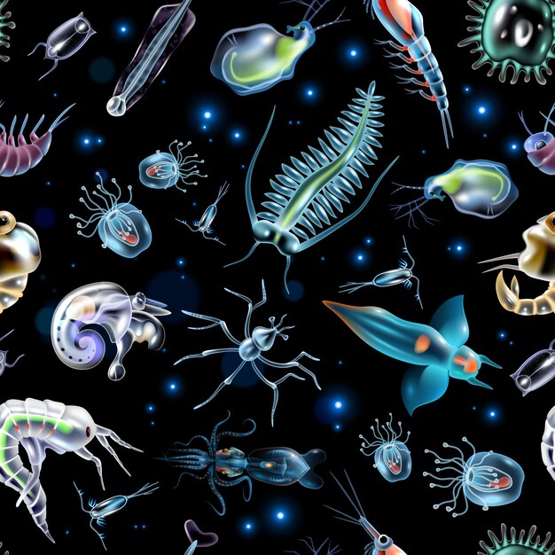 Colorful abstract pattern consisting of glowing lights and luminescent images of marine plankton on dark background  illustration