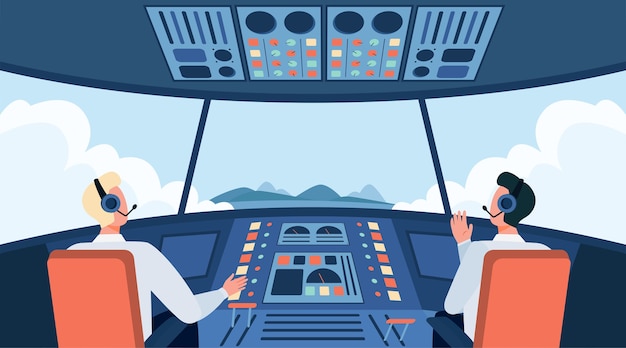 Free vector colorful airplane cockpit isolated flat vector illustration. two cartoon pilots sitting inside plane cabin in front of control panel. flight crew and aircraft concept