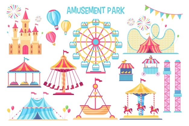 Colorful amusement park flat elements set.