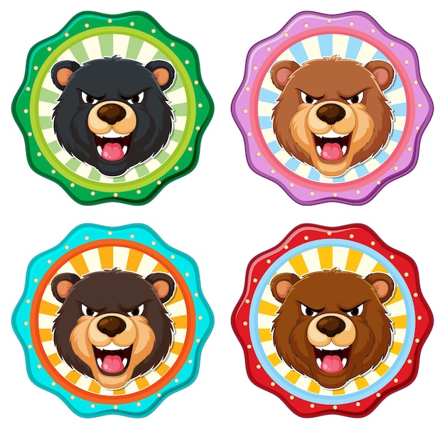 Free Vector colorful bear faces in badges