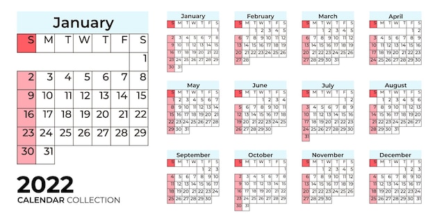 Colorful calendar 2022 collection with grid