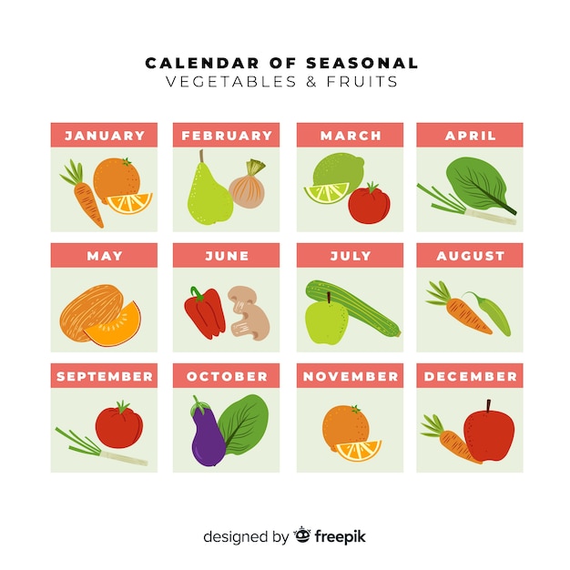 Colorful calendar of seasonal vegetables and fruits