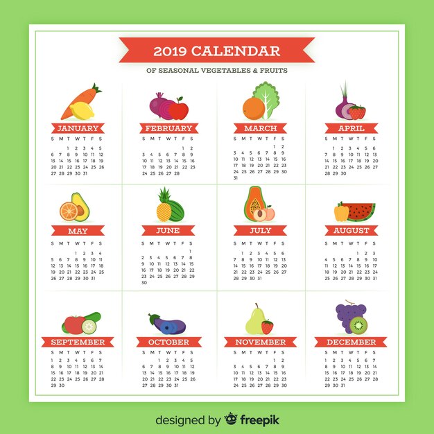 Colorful calendar of seasonal vegetables and fruits