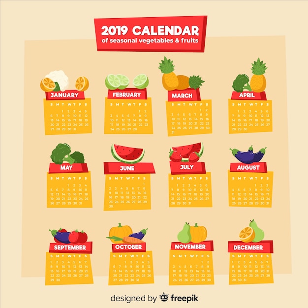 Colorful calendar of seasonal vegetables and fruits