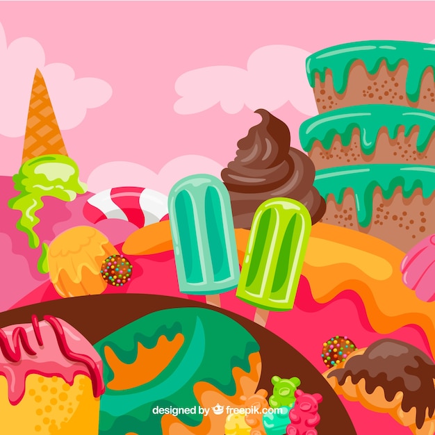 Free Vector colorful candy land background in hand drawn style