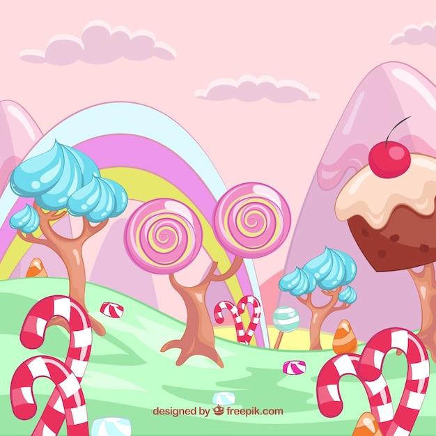 Colorful candy land background in hand drawn style