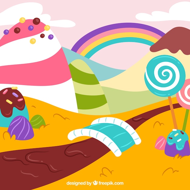 Free Vector colorful candy land background in hand drawn style