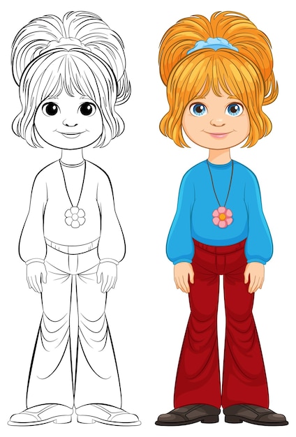 Free vector colorful cartoon girl before and after coloring