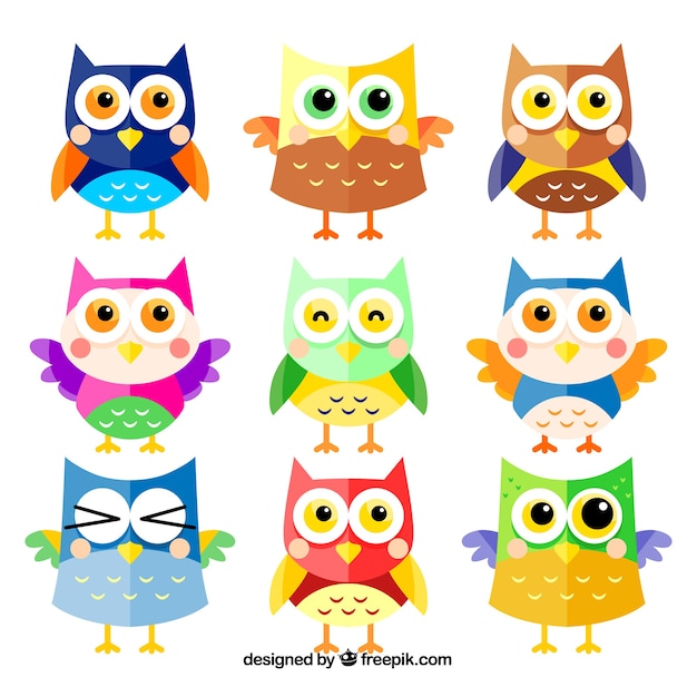 Free Vector colorful cartoon owl set of nine