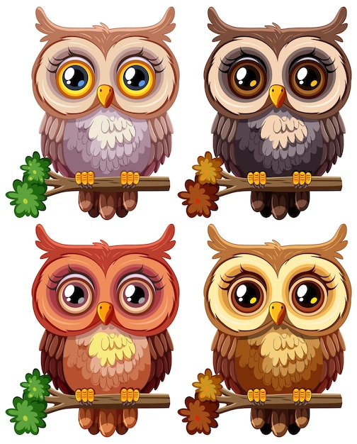 Free Vector colorful cartoon owls on branches