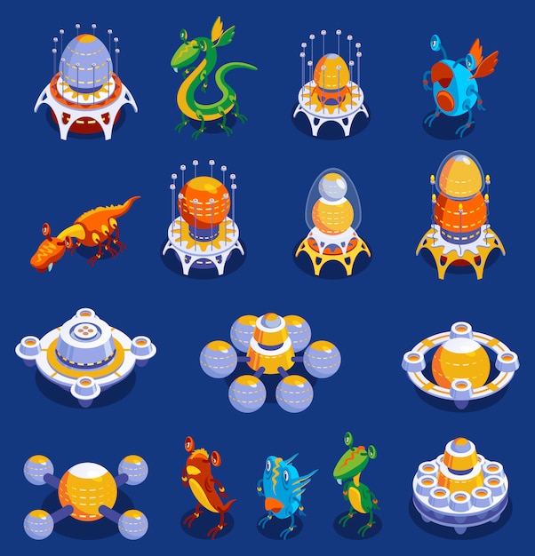 Colorful cartoon set of cute monster and alien creatures and interplanetary aircrafts for kid games isolated illustration