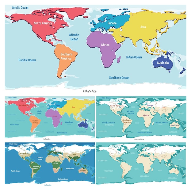 Free Vector colorful cartoon world map divided by continents