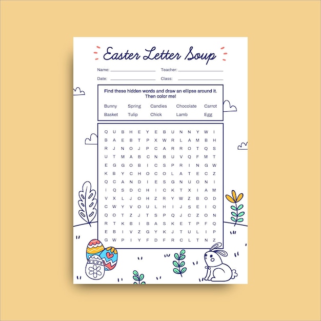 Colorful child-like letter soup easter worksheet template