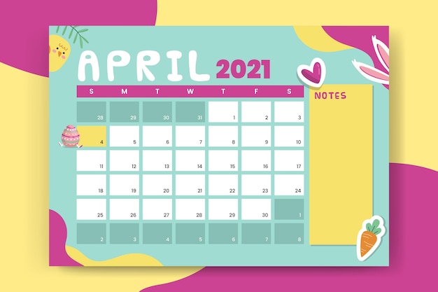 Colorful child-like monthly easter calendar