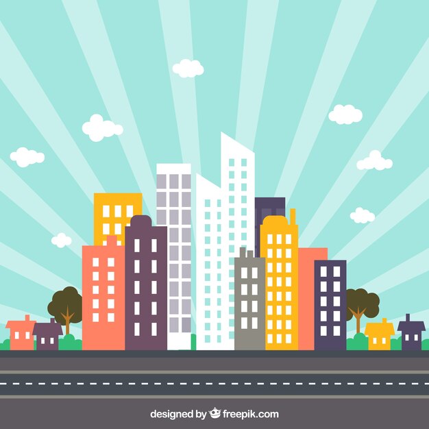 Colorful city skyline with sunburst