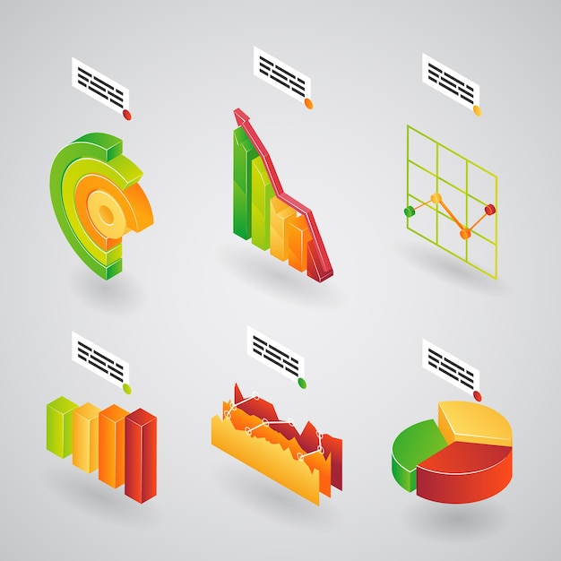 Free Vector colorful collection of 3d analytical charts  bar graphs and pie graphs for infographics orientated at an angle  vector illustration