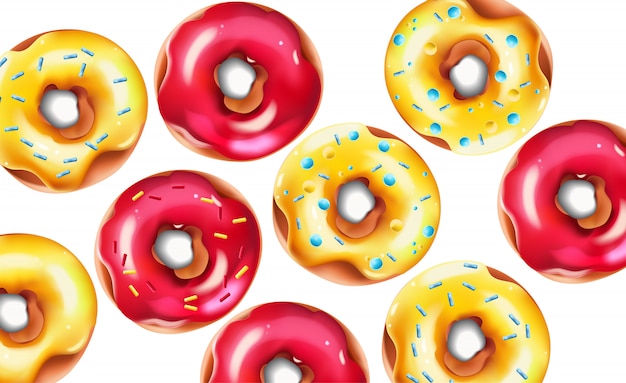 Free vector colorful composition with glazed pink and yellow sprinkled doughnuts