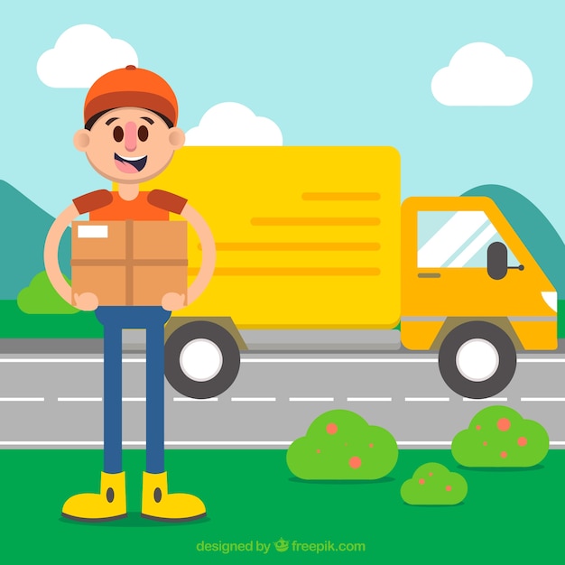 Colorful compostion with deliveryman and truck