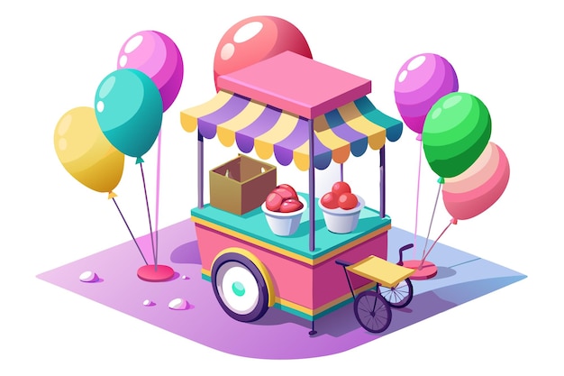 A colorful cute food cart with balloons and ice cream isolated on a white background