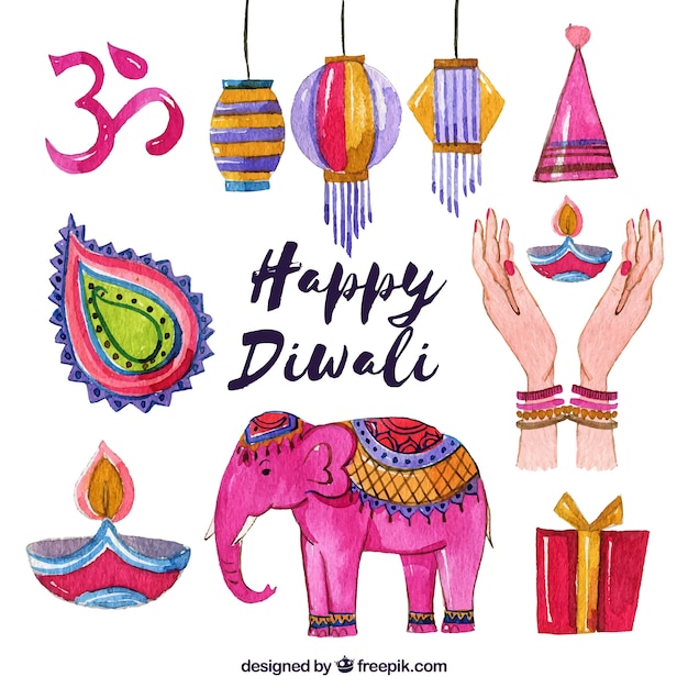 Free vector colorful diwali elements watercolor collection