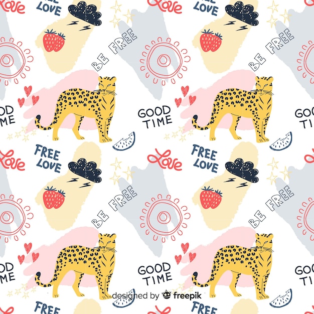 Free vector colorful doodle cheetah and words pattern