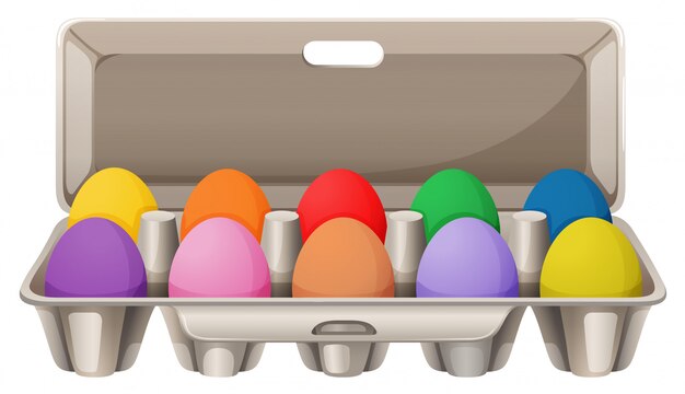 Colorful eggs in egg carton