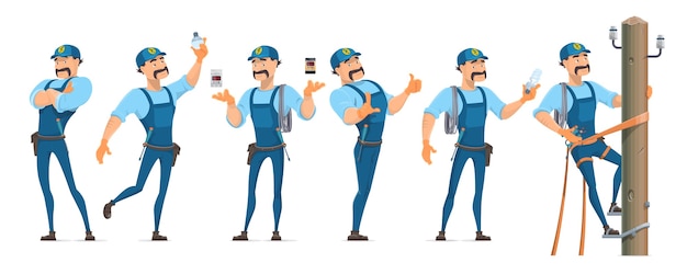 Free Vector colorful electrician characters set in different poses with professional equipment and master working on power pole isolated