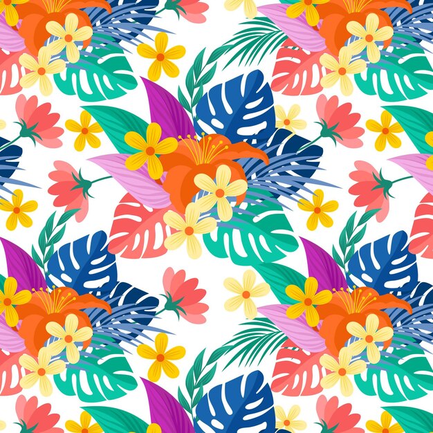 Colorful exotic flowers and leaves pattern