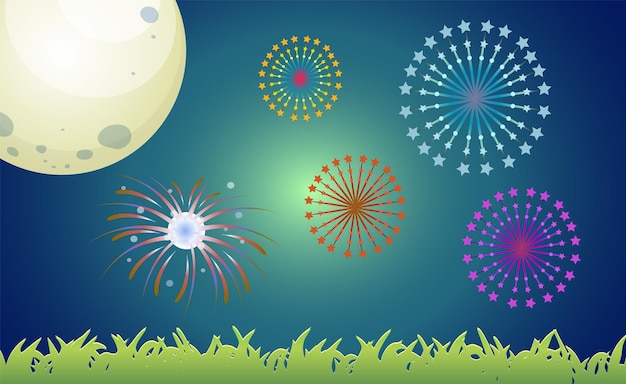 Free vector colorful fireworks under the moon