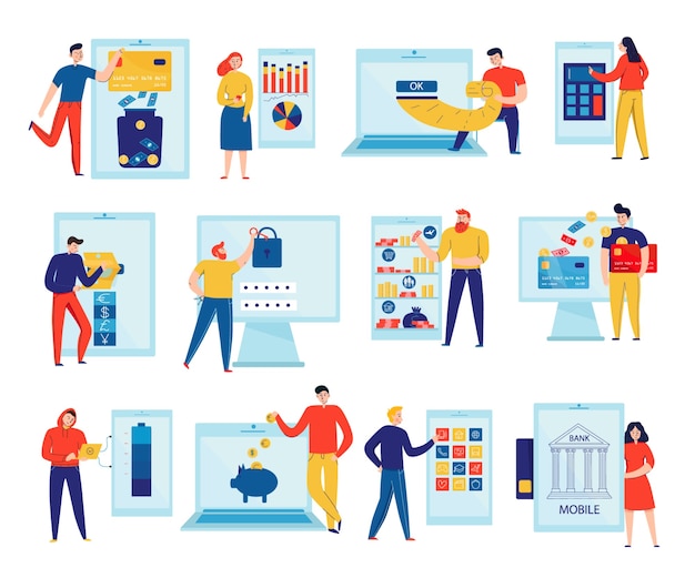 Colorful flat icons set with people paying bills and checking accounts through online banking isolated