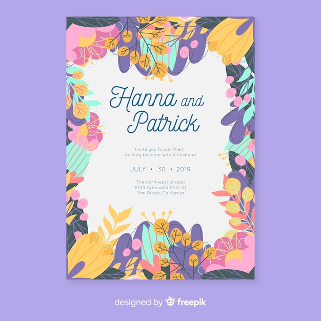 Free vector colorful floral wedding invitation template in flat design