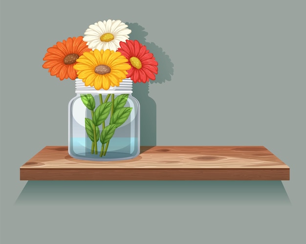 Free Vector colorful flowers in glass jar on shelf