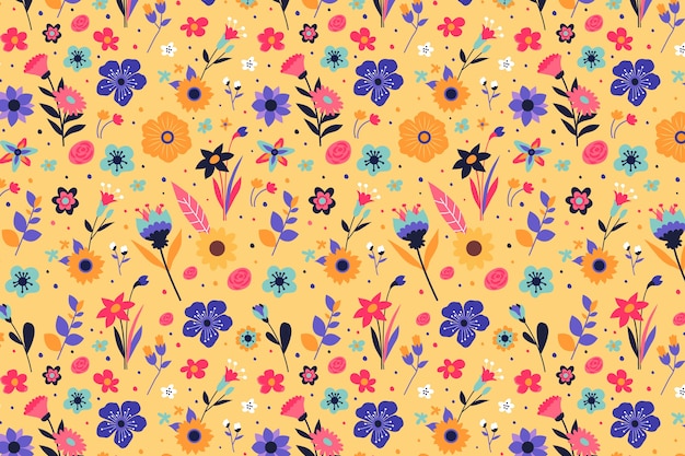 Colorful flowers pattern with yellow background