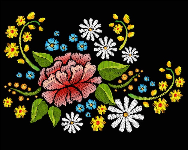 colorful flowers with embroidery style