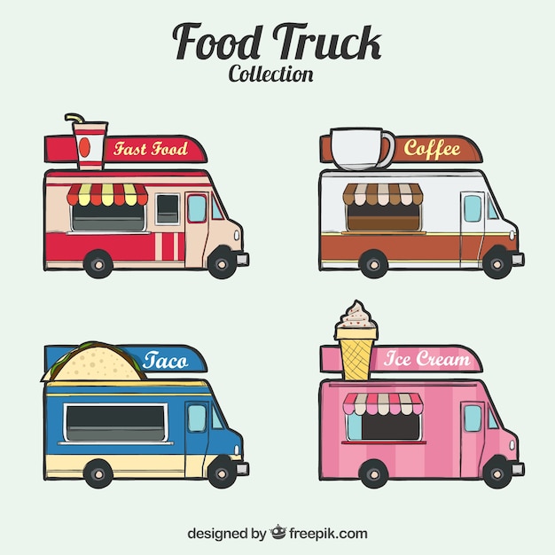 Colorful food trucks with hand drawn style