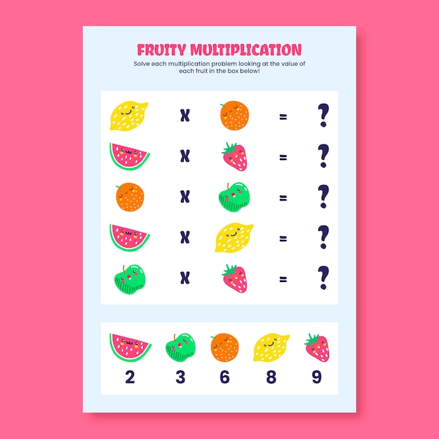 Colorful fruits multiplication worksheet