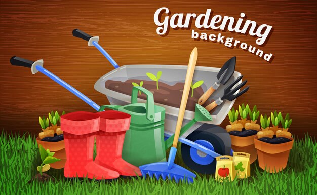 Colorful Gardening Background With Farm Tools 