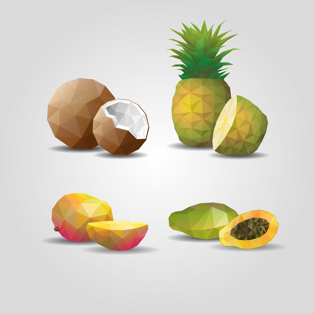 Free Vector colorful geometric polygonal fruits set with coconut pineapple mango and passionfruit on gray