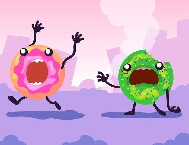 Colorful glazed doughnuts running away in panic. Cartoon illustration