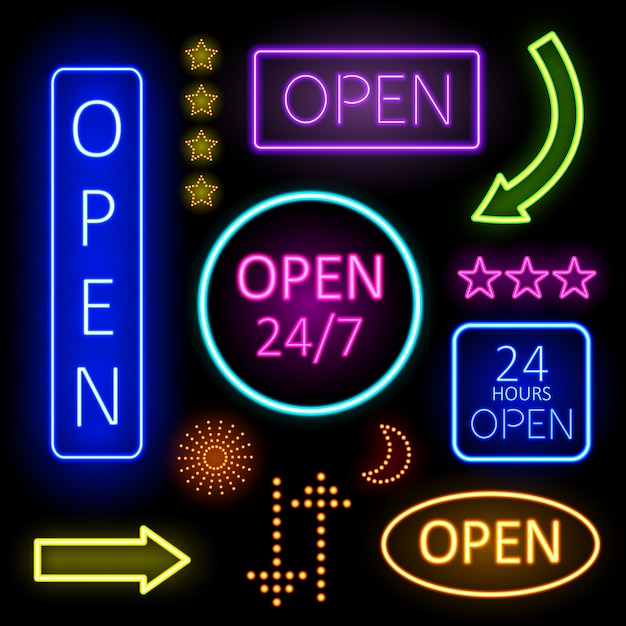 Colorful Glowing Neon Lights of Open Signs for Establishment n Black Background.