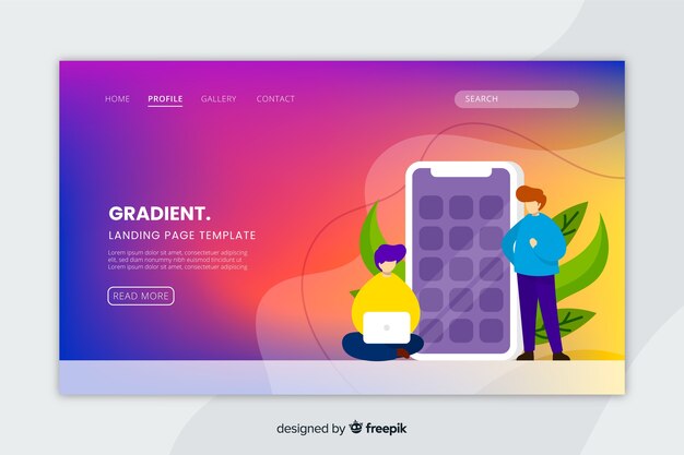 Colorful gradient landing page with illustrations template