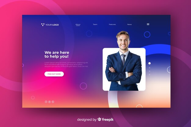 Colorful gradient landing page with photo