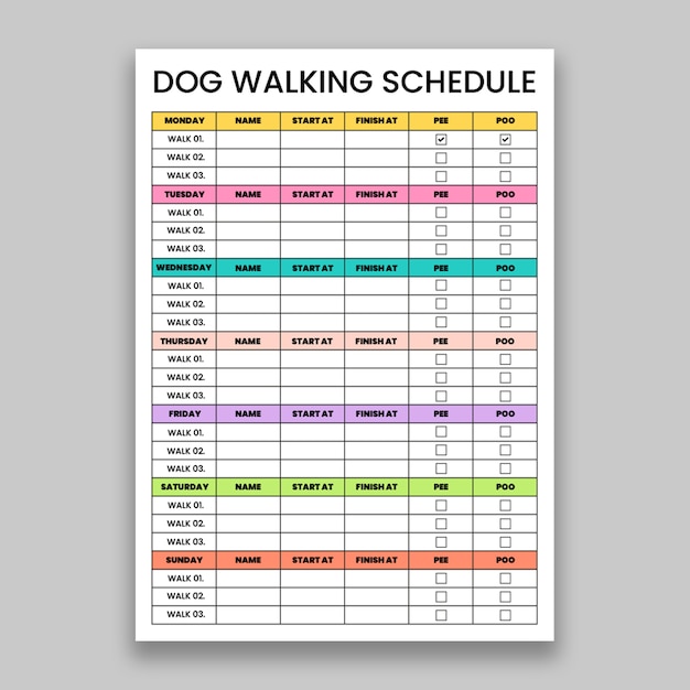 Colorful grid bailey dog walking weekly schedule