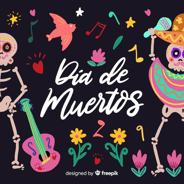 Colorful hand drawn día de muertos background