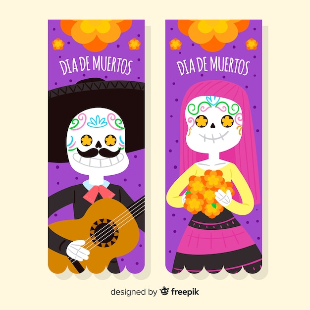 Colorful hand drawn día de muertos banners