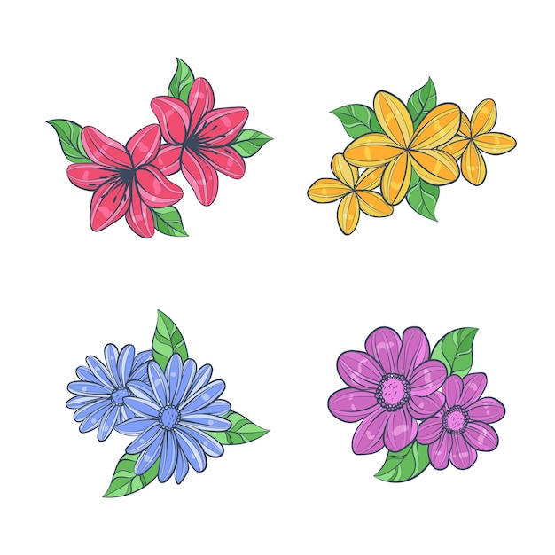 Colorful hand drawn flowers set